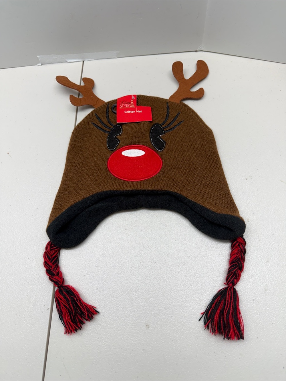 Brown Reindeer Critter Hat with Red Nose and Black Trim. NWT